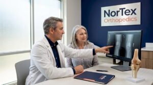 Doctor and patient review a knee X-ray together