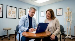 Doctor consulting joint pain patient in clinic