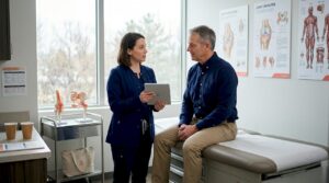 Patient and provider discussing joint pain therapy