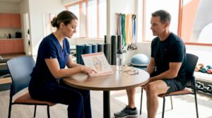 Therapist discussing knee recovery with patient