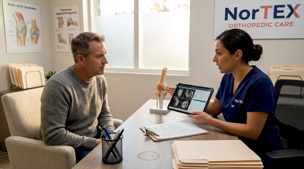 Patient and clinician discuss joint pain therapy