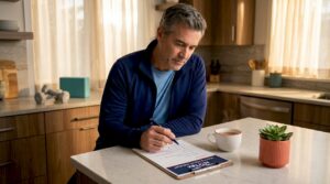 Man completing joint therapy checklist at home