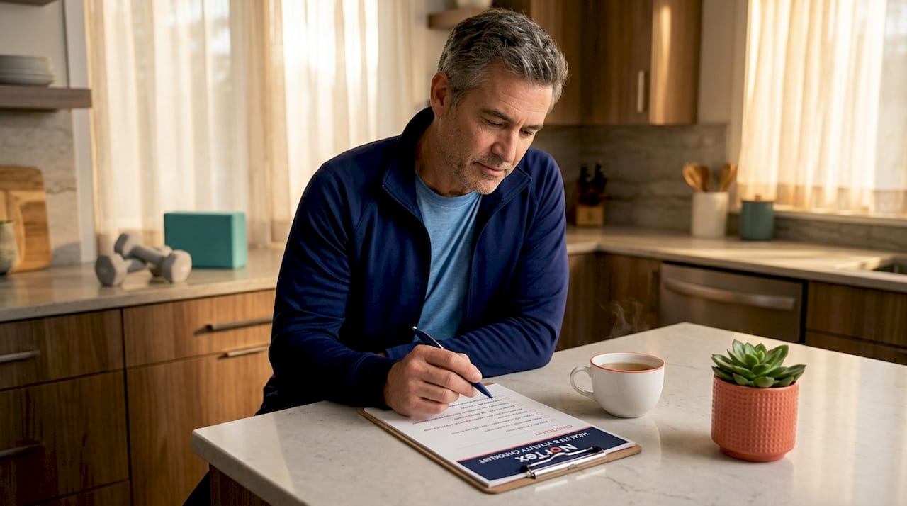 Man completing joint therapy checklist at home