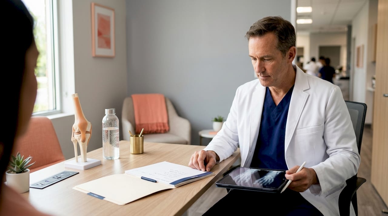 Doctor reviewing joint pain chart in clinic office
