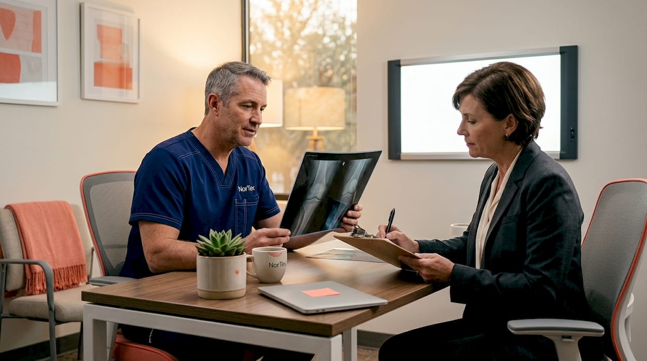 Doctor and patient consulting over knee x-ray