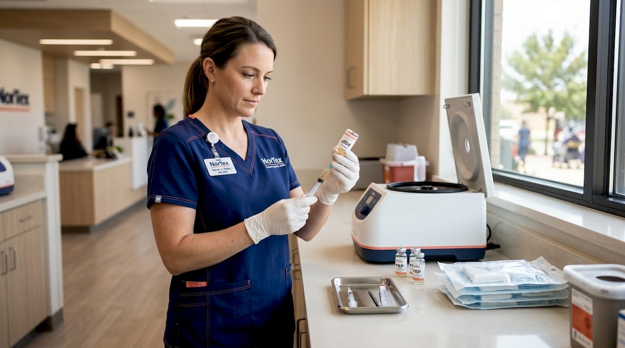 Nurse prepares regenerative injection in clinic
