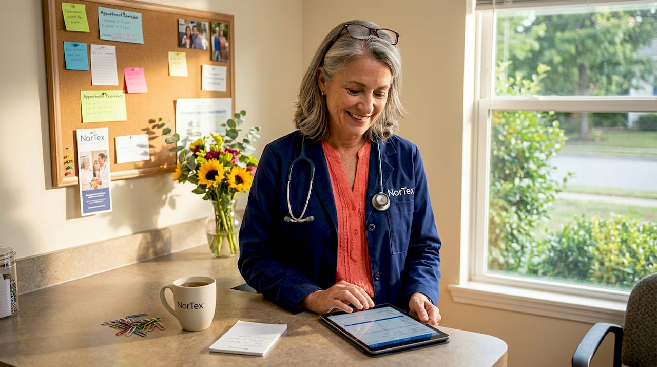 Doctor reviews chart in clinic exam room