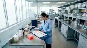 Lab technician records regenerative therapy workflow data