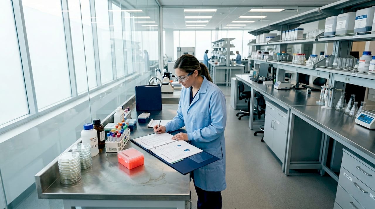 Lab technician records regenerative therapy workflow data