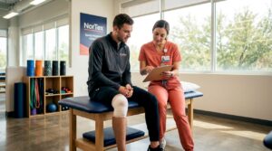 Athlete consulting with therapist in clinic