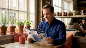 Patient reading brochure in clinic waiting area