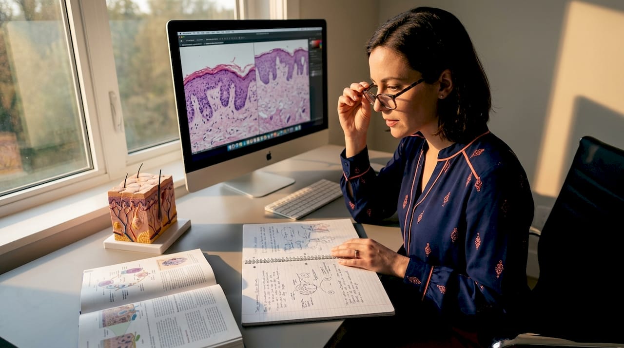Researcher studying tissue healing at desk