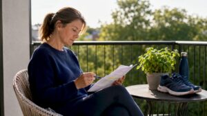 Woman reviewing degenerative recovery plan at home