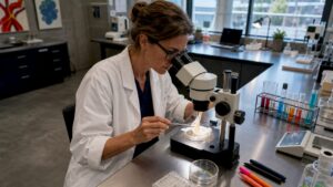 Researcher examining tendon sample in lab