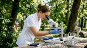 Biomedical researcher examining tissue samples in lab