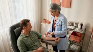Healthcare professional drawing blood for PRP therapy