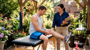 Athlete receiving physical therapy in bright clinic