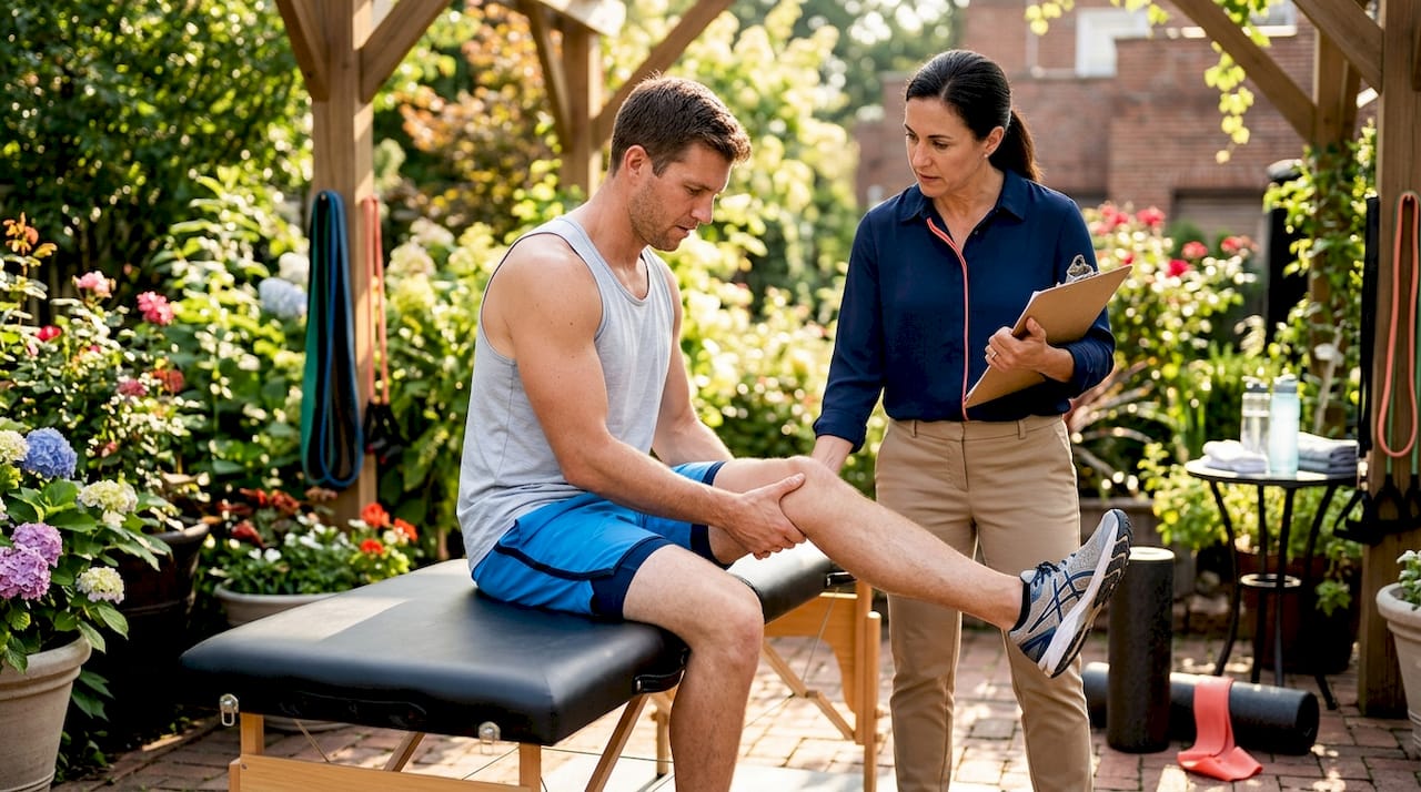 Athlete receiving physical therapy in bright clinic