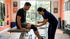 Athlete receiving knee injection in sports clinic