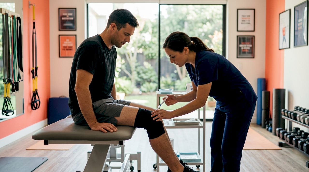 Athlete receiving knee injection in sports clinic