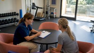 Physical therapist reviewing treatment plan