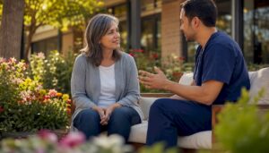 Patient consulting healthcare provider on therapy