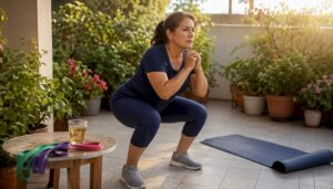 Woman performing gentle knee bends at home gym