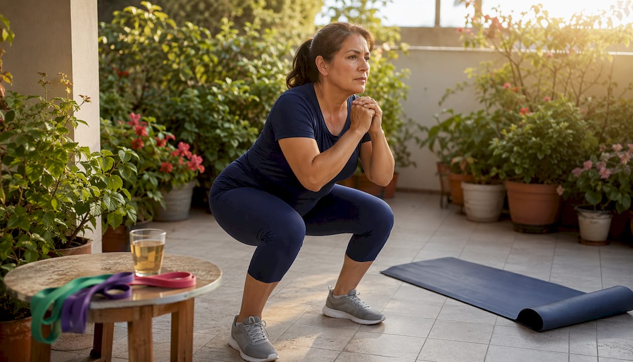 Woman performing gentle knee bends at home gym