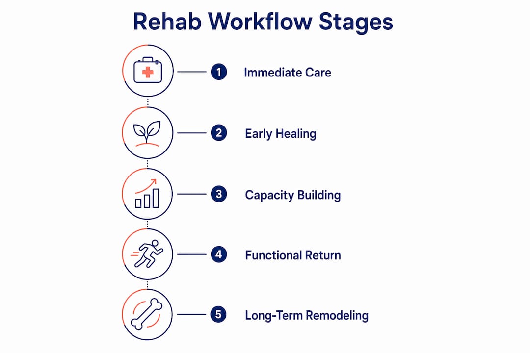 Infographic showing rehab workflow stages timeline