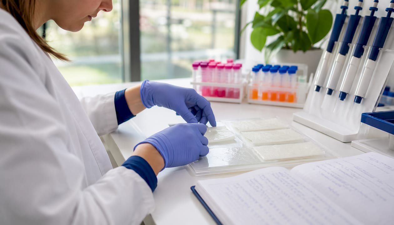 Hands preparing collagen scaffolding in lab