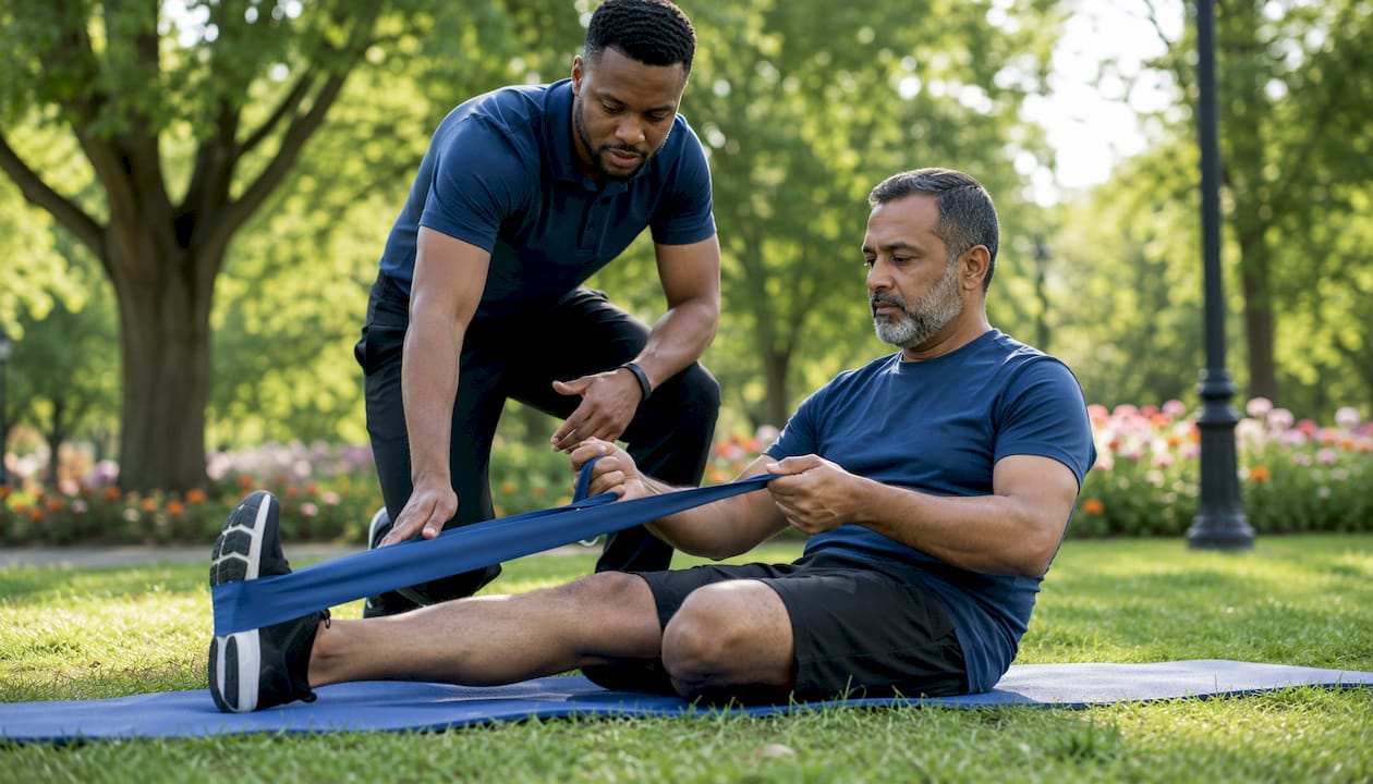 Therapist assisting patient with PRP recovery exercise