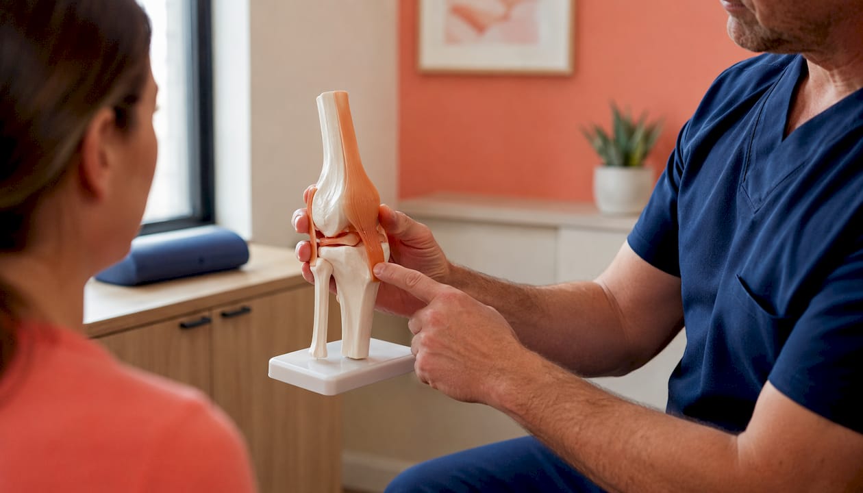 Hands holding knee joint model for treatment discussion