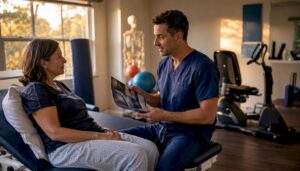 Patient and doctor in orthopedic clinic exam room