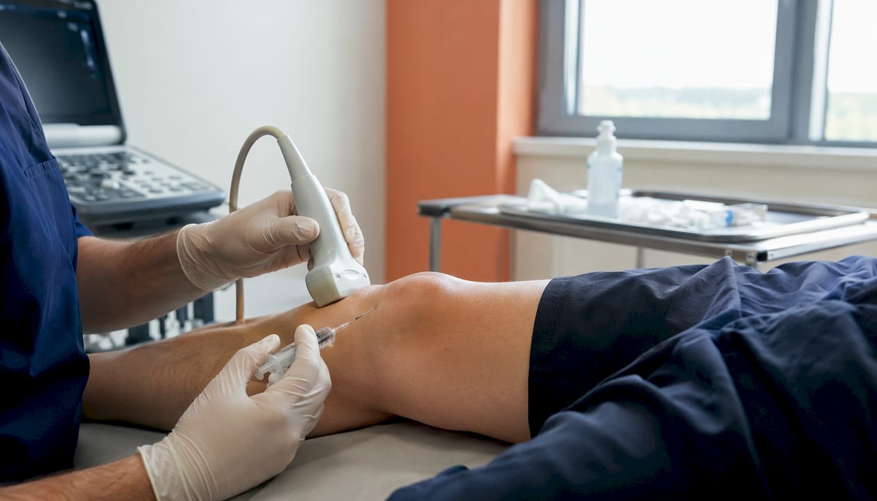 Close-up of guided knee injection procedure