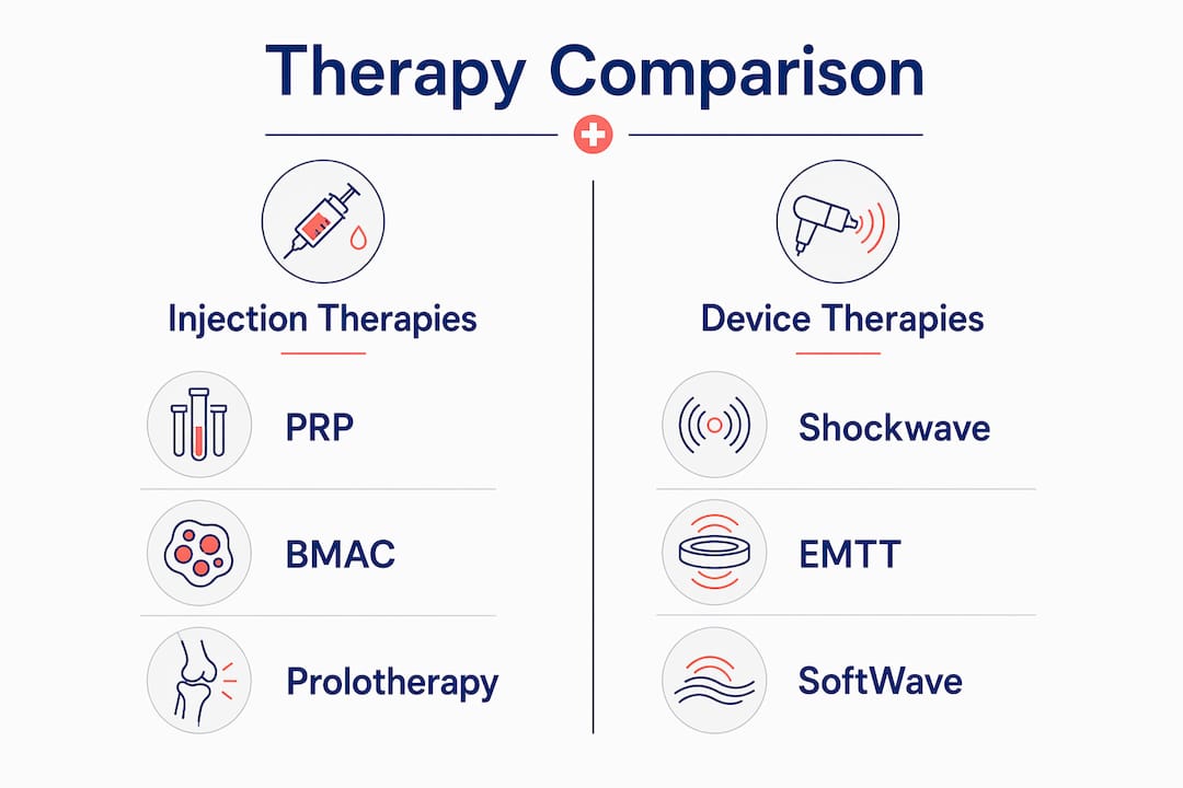 Infographic comparing injection and device-based minimally invasive therapies