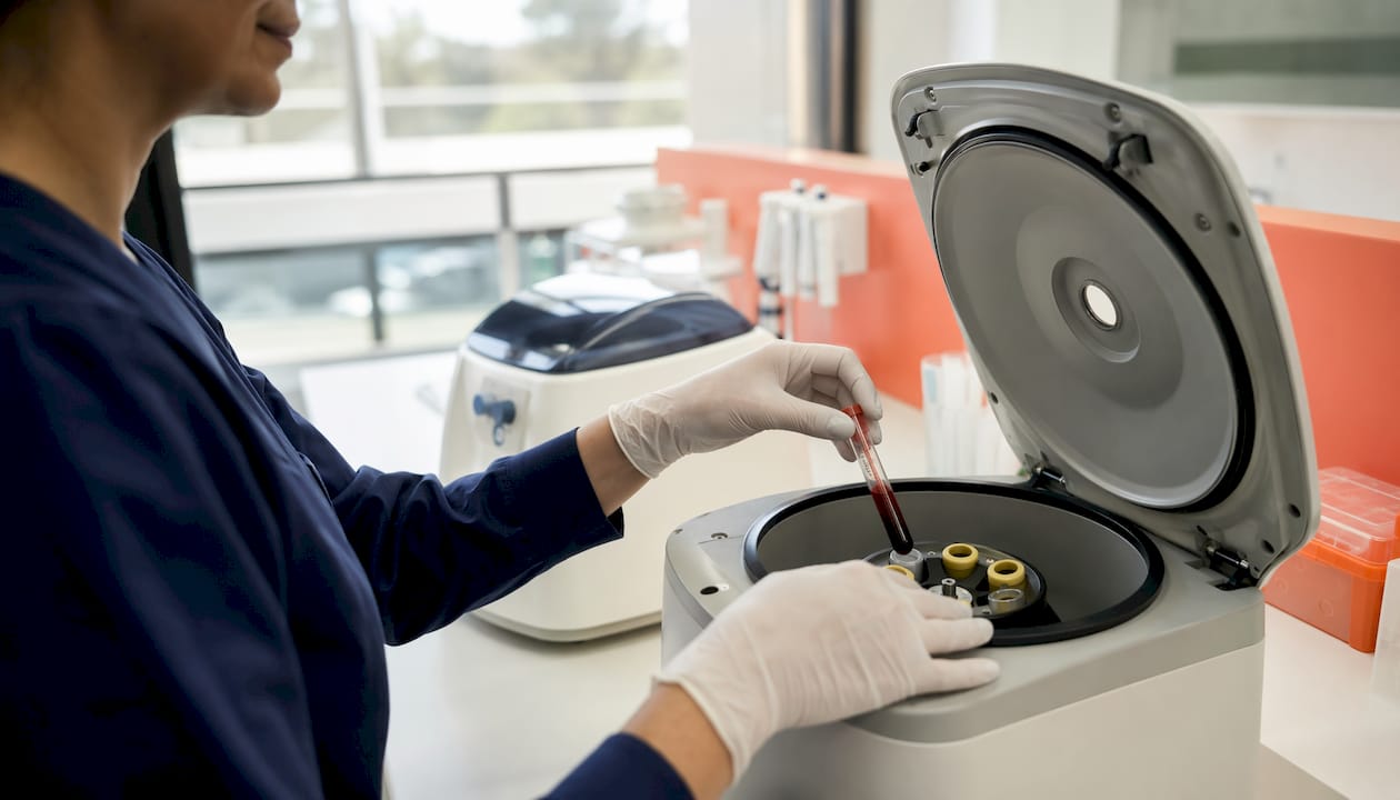 Hands handling platelet rich plasma vial