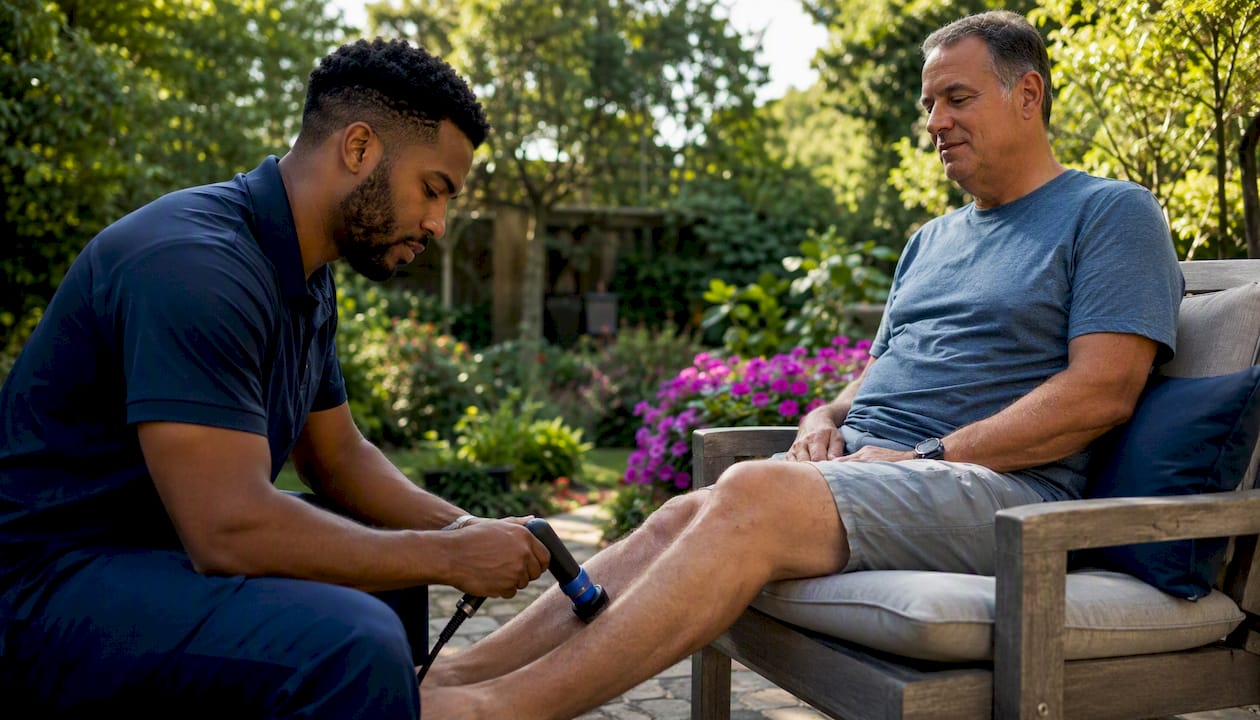 Therapist using EMTT device on patient leg