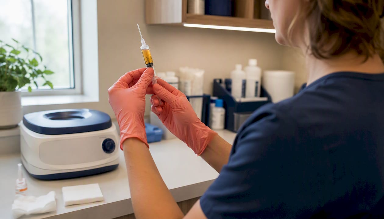Hands preparing PRP injection in clinic