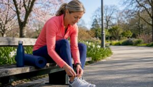 Woman tying shoes preparing for knee exercise