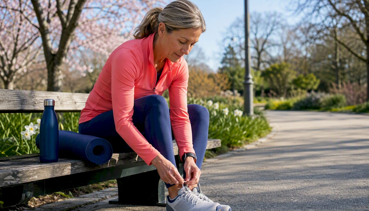 Woman tying shoes preparing for knee exercise