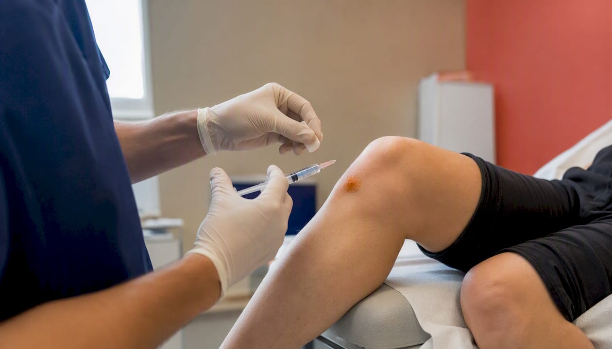 Gloved hands preparing knee injection in clinic