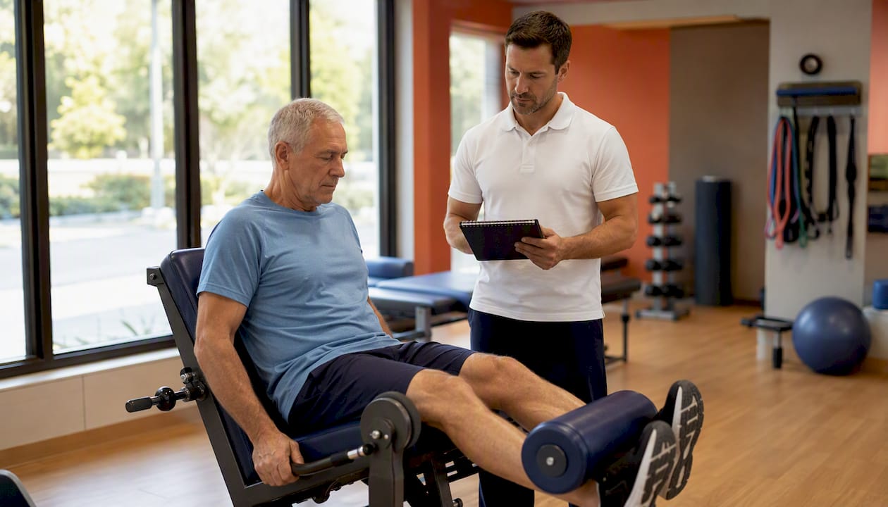 Overhead view of knee exercise with physical therapist