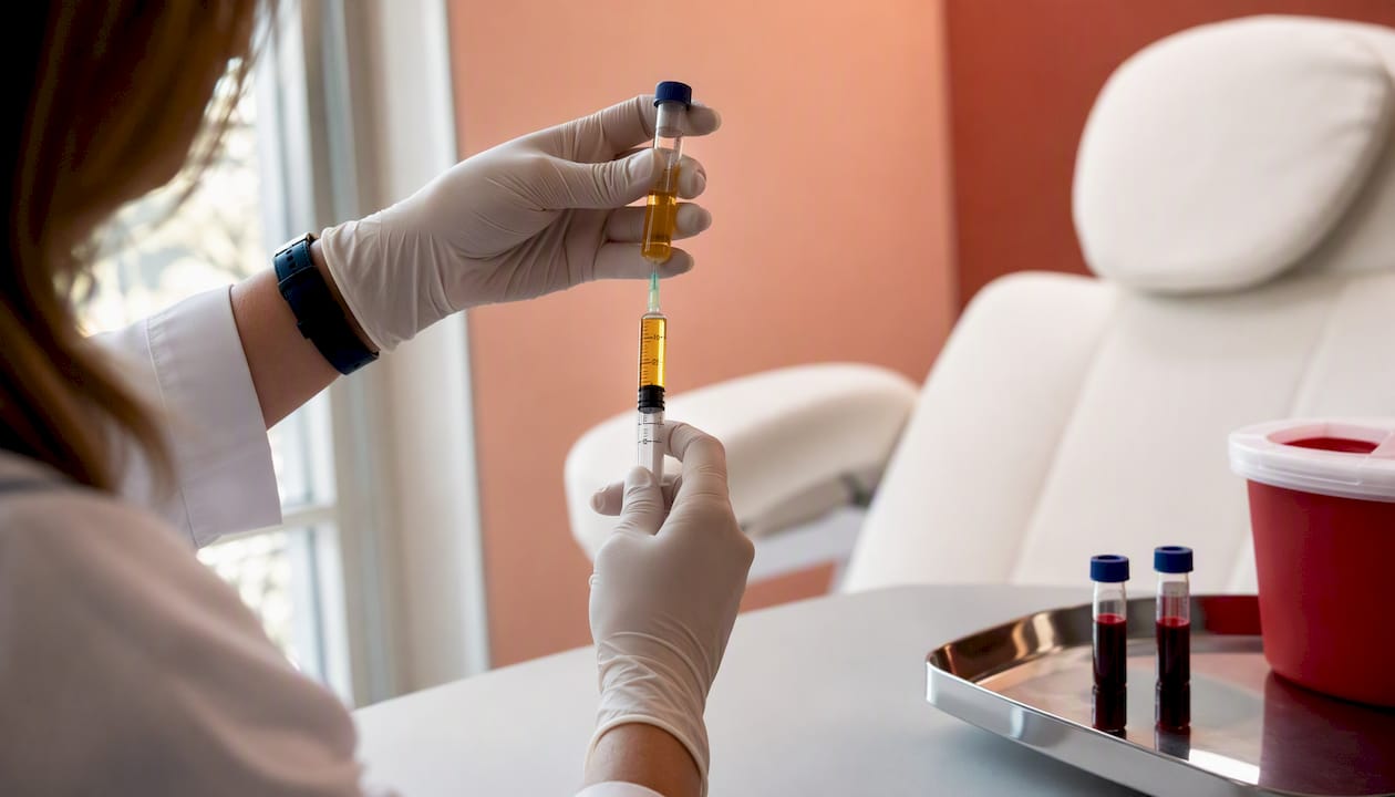 Hands preparing PRP injection in clinic setting