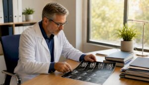 Physician reviewing MRI scans in clinic